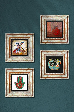 Fatma Ana Eli (Hamsa), Nar, Şahmeran, Semazen Taş Duvar Tablosu Çerçeveli Duvar Dekoru 4 Parça Tablo Seti Wall Art