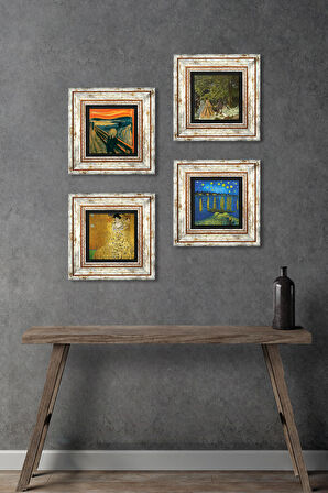 Van Gogh, Gustav Klimt, Claude Monet, Çığlık Taş Duvar Tablosu Çerçeveli Duvar Dekoru 4 Parça Tablo Seti Wall Art