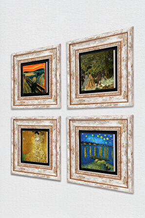 Van Gogh, Gustav Klimt, Claude Monet, Çığlık Taş Duvar Tablosu Çerçeveli Duvar Dekoru 4 Parça Tablo Seti Wall Art