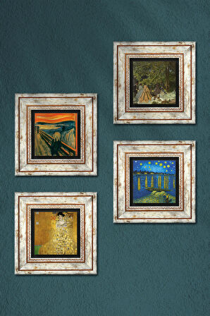 Van Gogh, Gustav Klimt, Claude Monet, Çığlık Taş Duvar Tablosu Çerçeveli Duvar Dekoru 4 Parça Tablo Seti Wall Art