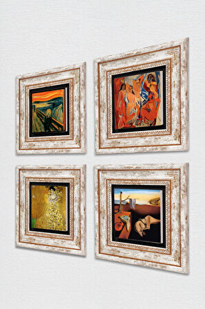 Salvador Dalí, Picasso, Gustav Klimt, Çığlık Taş Duvar Tablosu Çerçeveli Duvar Dekoru 4 Parça Tablo Seti Wall Art