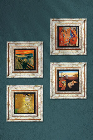 Salvador Dalí, Picasso, Gustav Klimt, Çığlık Taş Duvar Tablosu Çerçeveli Duvar Dekoru 4 Parça Tablo Seti Wall Art