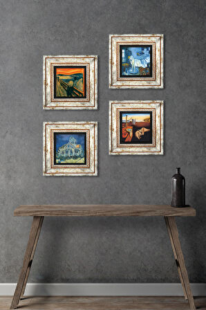 Salvador Dalí, Picasso, Van Gogh, Çığlık Taş Duvar Tablosu Çerçeveli Duvar Dekoru 4 Parça Tablo Seti Wall Art