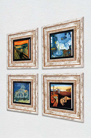 Salvador Dalí, Picasso, Van Gogh, Çığlık Taş Duvar Tablosu Çerçeveli Duvar Dekoru 4 Parça Tablo Seti Wall Art