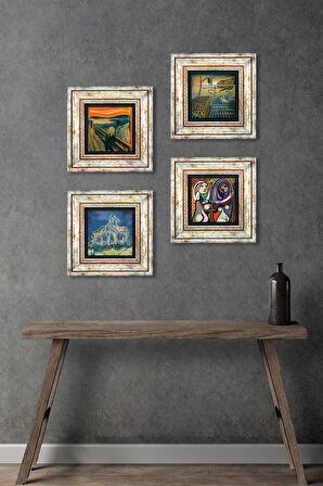 Salvador Dalí, Picasso, Van Gogh, Çığlık Taş Duvar Tablosu Çerçeveli Duvar Dekoru 4 Parça Tablo Seti Wall Art