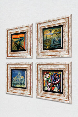 Salvador Dalí, Picasso, Van Gogh, Çığlık Taş Duvar Tablosu Çerçeveli Duvar Dekoru 4 Parça Tablo Seti Wall Art