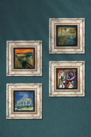 Salvador Dalí, Picasso, Van Gogh, Çığlık Taş Duvar Tablosu Çerçeveli Duvar Dekoru 4 Parça Tablo Seti Wall Art