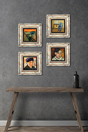 Picasso, Van Gogh, Çığlık Taş Duvar Tablosu Çerçeveli Duvar Dekoru 4 Parça Tablo Seti Wall Art