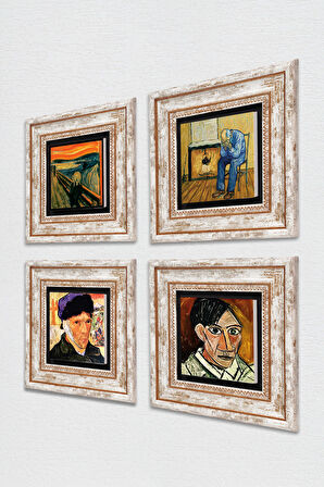 Picasso, Van Gogh, Çığlık Taş Duvar Tablosu Çerçeveli Duvar Dekoru 4 Parça Tablo Seti Wall Art