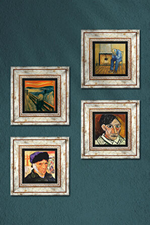 Picasso, Van Gogh, Çığlık Taş Duvar Tablosu Çerçeveli Duvar Dekoru 4 Parça Tablo Seti Wall Art