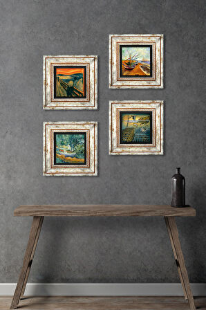 Salvador Dalí, Van Gogh, Çığlık Taş Duvar Tablosu Çerçeveli Duvar Dekoru 4 Parça Tablo Seti Wall Art