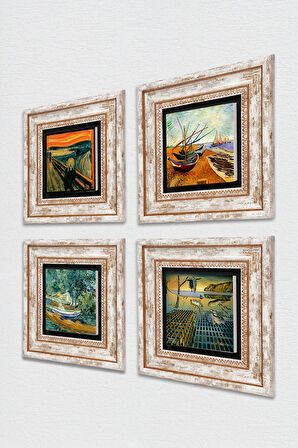 Salvador Dalí, Van Gogh, Çığlık Taş Duvar Tablosu Çerçeveli Duvar Dekoru 4 Parça Tablo Seti Wall Art