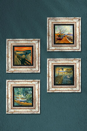 Salvador Dalí, Van Gogh, Çığlık Taş Duvar Tablosu Çerçeveli Duvar Dekoru 4 Parça Tablo Seti Wall Art