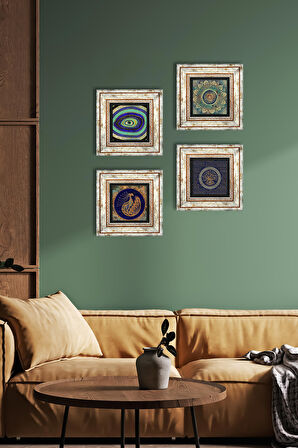 Mandala, Nazar, Tavus Kuşu Taş Duvar Tablosu Çerçeveli Duvar Dekoru 4 Parça Tablo Seti Wall Art
