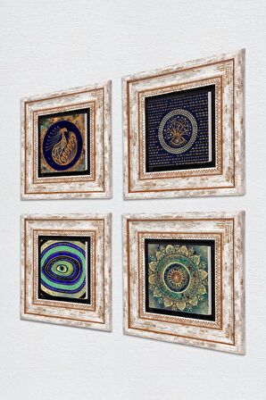 Mandala, Nazar, Tavus Kuşu Taş Duvar Tablosu Çerçeveli Duvar Dekoru 4 Parça Tablo Seti Wall Art