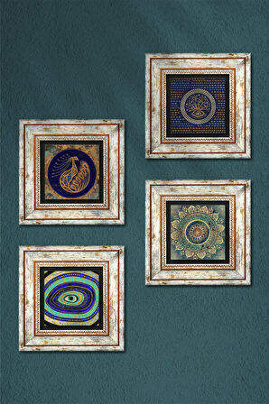 Mandala, Nazar, Tavus Kuşu Taş Duvar Tablosu Çerçeveli Duvar Dekoru 4 Parça Tablo Seti Wall Art