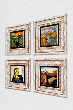 Salvador Dalí, Picasso, Van Gogh, Çığlık Taş Duvar Tablosu Çerçeveli Duvar Dekoru 4 Parça Tablo Seti Wall Art