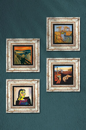 Salvador Dalí, Picasso, Van Gogh, Çığlık Taş Duvar Tablosu Çerçeveli Duvar Dekoru 4 Parça Tablo Seti Wall Art