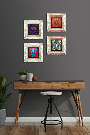 Hayat Ağacı, Fil, Sri Yantra Taş Duvar Tablosu Çerçeveli Duvar Dekoru 4 Parça Tablo Seti Wall Art
