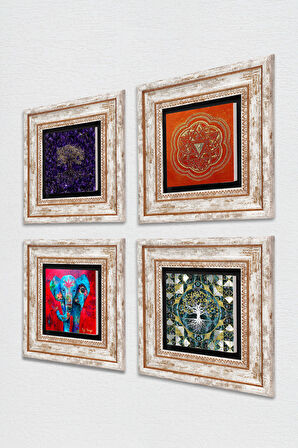 Hayat Ağacı, Fil, Sri Yantra Taş Duvar Tablosu Çerçeveli Duvar Dekoru 4 Parça Tablo Seti Wall Art