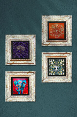 Hayat Ağacı, Fil, Sri Yantra Taş Duvar Tablosu Çerçeveli Duvar Dekoru 4 Parça Tablo Seti Wall Art