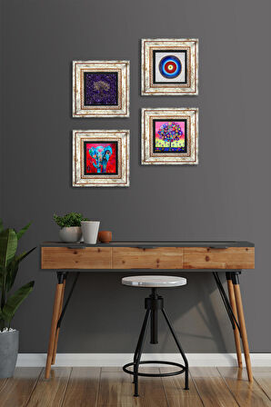 Nazar, Fil, Hayat Ağacı Taş Duvar Tablosu Çerçeveli Duvar Dekoru 4 Parça Tablo Seti Wall Art