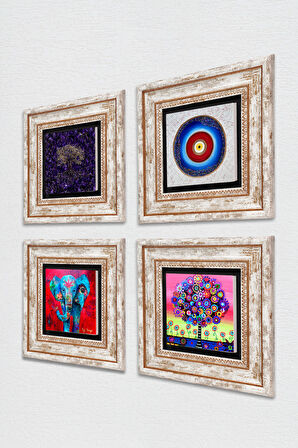 Nazar, Fil, Hayat Ağacı Taş Duvar Tablosu Çerçeveli Duvar Dekoru 4 Parça Tablo Seti Wall Art