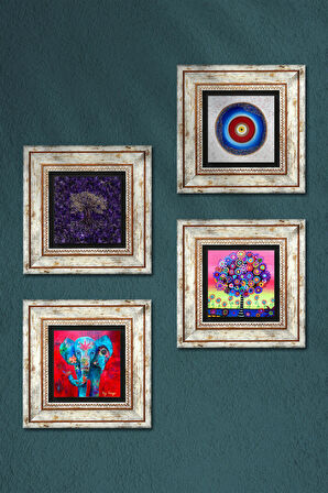 Nazar, Fil, Hayat Ağacı Taş Duvar Tablosu Çerçeveli Duvar Dekoru 4 Parça Tablo Seti Wall Art