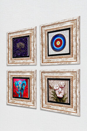 Nazar, Hayat Ağacı, Fil, Kelebekli Çiçek Taş Duvar Tablosu Çerçeveli Duvar Dekoru 4 Parça Tablo Seti Wall Art