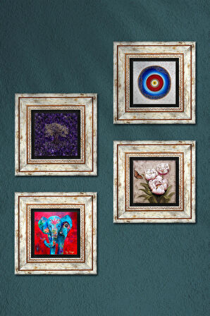 Nazar, Hayat Ağacı, Fil, Kelebekli Çiçek Taş Duvar Tablosu Çerçeveli Duvar Dekoru 4 Parça Tablo Seti Wall Art