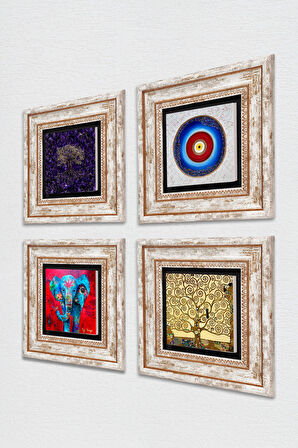 Nazar, Hayat Ağacı, Fil Taş Duvar Tablosu Çerçeveli Duvar Dekoru 4 Parça Tablo Seti Wall Art