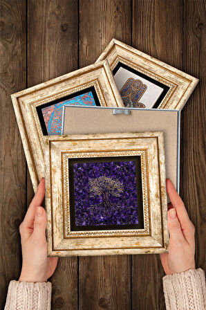 Nazar, Hayat Ağacı, Fil Taş Duvar Tablosu Çerçeveli Duvar Dekoru 4 Parça Tablo Seti Wall Art