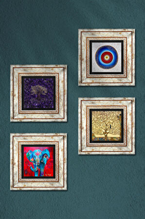 Nazar, Hayat Ağacı, Fil Taş Duvar Tablosu Çerçeveli Duvar Dekoru 4 Parça Tablo Seti Wall Art