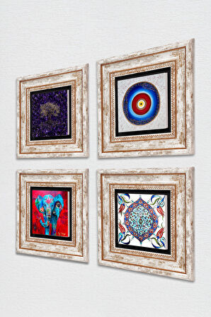 Nazar, Hayat Ağacı, Fil, Çini Sanatı Taş Duvar Tablosu Çerçeveli Duvar Dekoru 4 Parça Tablo Seti Wall Art