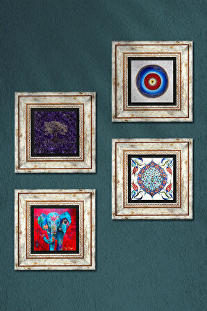 Nazar, Hayat Ağacı, Fil, Çini Sanatı Taş Duvar Tablosu Çerçeveli Duvar Dekoru 4 Parça Tablo Seti Wall Art