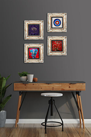 Nazar, Hayat Ağacı, Fil, Van Gogh Badem Ağacı Taş Duvar Tablosu Çerçeveli Duvar Dekoru 4 Parça Tablo Seti Wall Art