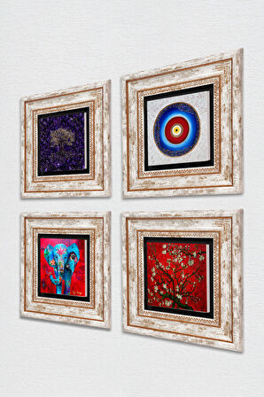 Nazar, Hayat Ağacı, Fil, Van Gogh Badem Ağacı Taş Duvar Tablosu Çerçeveli Duvar Dekoru 4 Parça Tablo Seti Wall Art