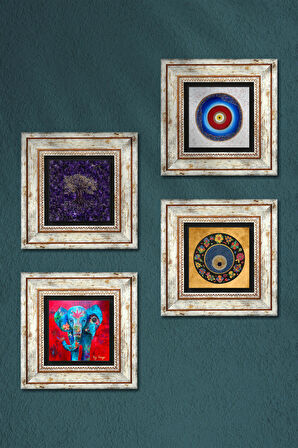 Hayat Ağacı, Fil, Nazar Taş Duvar Tablosu Çerçeveli Duvar Dekoru 4 Parça Tablo Seti Wall Art