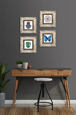 Kelebek, Yaprak, Yaşam Çiçeği, Fatma Ana Eli (Hamsa) Taş Duvar Tablosu Çerçeveli Duvar Dekoru 4 Parça Tablo Seti Wall Art