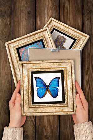 Kelebek, Yaprak, Yaşam Çiçeği, Fatma Ana Eli (Hamsa) Taş Duvar Tablosu Çerçeveli Duvar Dekoru 4 Parça Tablo Seti Wall Art