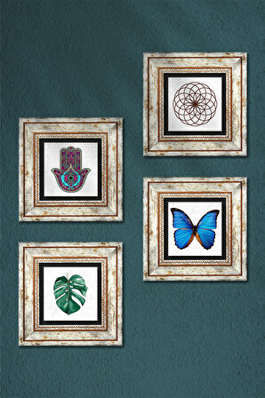 Kelebek, Yaprak, Yaşam Çiçeği, Fatma Ana Eli (Hamsa) Taş Duvar Tablosu Çerçeveli Duvar Dekoru 4 Parça Tablo Seti Wall Art