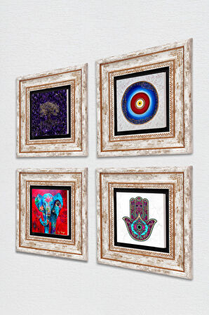Nazar, Hayat Ağacı, Fil, Fatma Ana Eli (Hamsa) Taş Duvar Tablosu Çerçeveli Duvar Dekoru 4 Parça Tablo Seti Wall Art