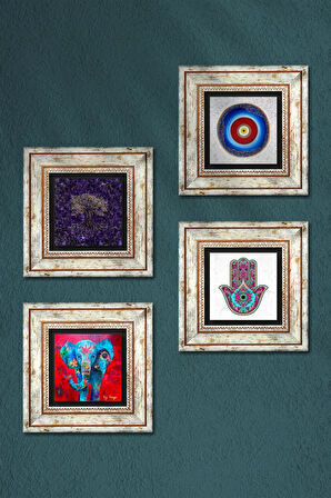 Nazar, Hayat Ağacı, Fil, Fatma Ana Eli (Hamsa) Taş Duvar Tablosu Çerçeveli Duvar Dekoru 4 Parça Tablo Seti Wall Art