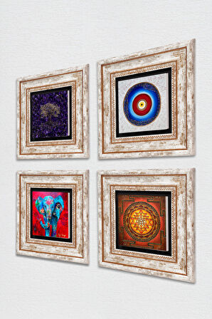 Nazar, Hayat Ağacı, Fil, Sri Yantra Taş Duvar Tablosu Çerçeveli Duvar Dekoru 4 Parça Tablo Seti Wall Art