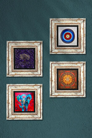 Nazar, Hayat Ağacı, Fil, Sri Yantra Taş Duvar Tablosu Çerçeveli Duvar Dekoru 4 Parça Tablo Seti Wall Art
