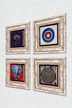 Nazar, Hayat Ağacı, Fil, Yaşam Çiçeği Taş Duvar Tablosu Çerçeveli Duvar Dekoru 4 Parça Tablo Seti Wall Art