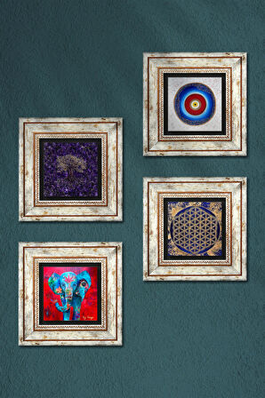 Nazar, Hayat Ağacı, Fil, Yaşam Çiçeği Taş Duvar Tablosu Çerçeveli Duvar Dekoru 4 Parça Tablo Seti Wall Art
