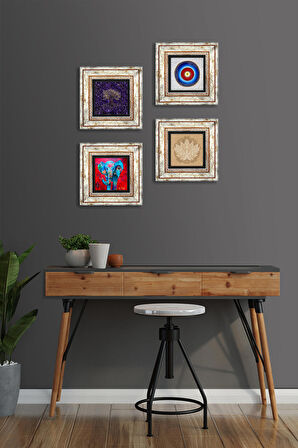 Nazar, Hayat Ağacı, Fil, Lotus Çiçeği Taş Duvar Tablosu Çerçeveli Duvar Dekoru 4 Parça Tablo Seti Wall Art