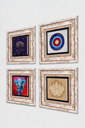 Nazar, Hayat Ağacı, Fil, Lotus Çiçeği Taş Duvar Tablosu Çerçeveli Duvar Dekoru 4 Parça Tablo Seti Wall Art