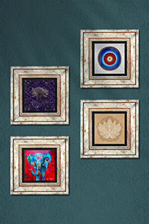 Nazar, Hayat Ağacı, Fil, Lotus Çiçeği Taş Duvar Tablosu Çerçeveli Duvar Dekoru 4 Parça Tablo Seti Wall Art